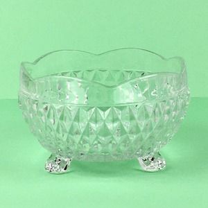 Vintage Glass Clear Candy Nut Dish Footed Bowl Diamond Pattern Scalloped Rim